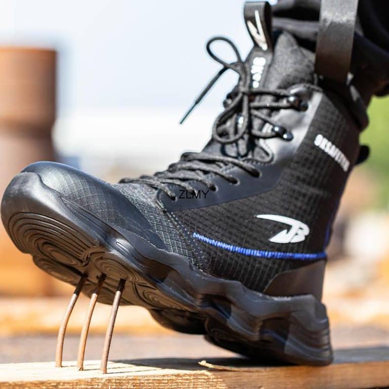 Black high-top safety boots with puncture-resistant sole and blue details.