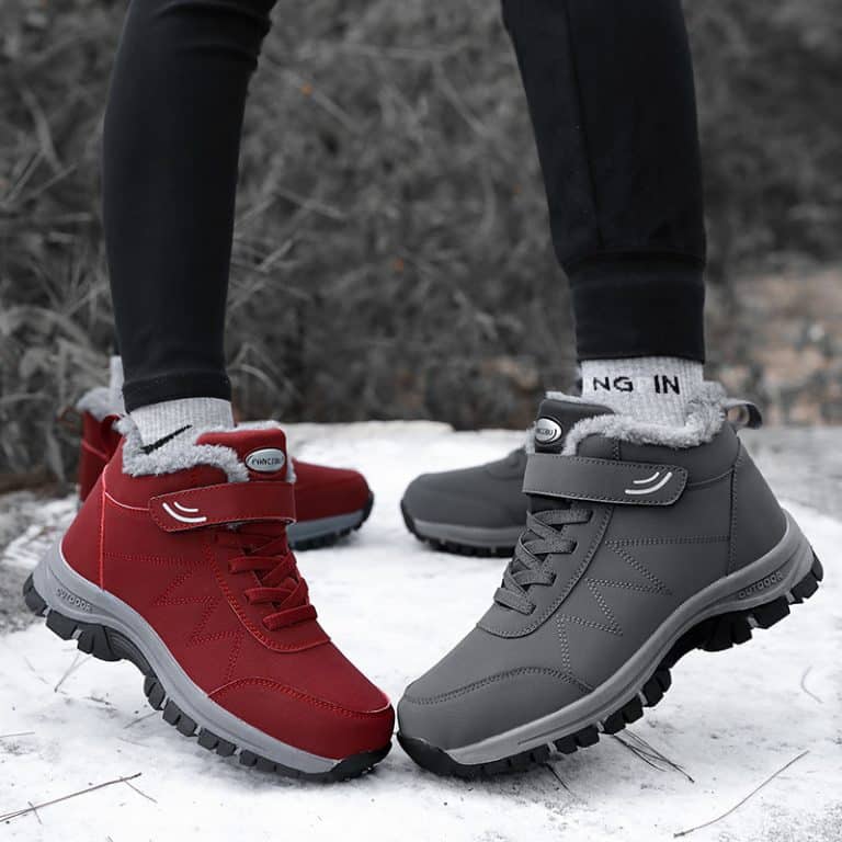 Winter orthopedic boots for men, one in red and the other in gray, with plush interior.