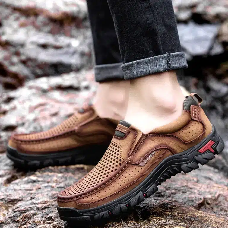 Orthopedic leather shoes for men brown close-up view