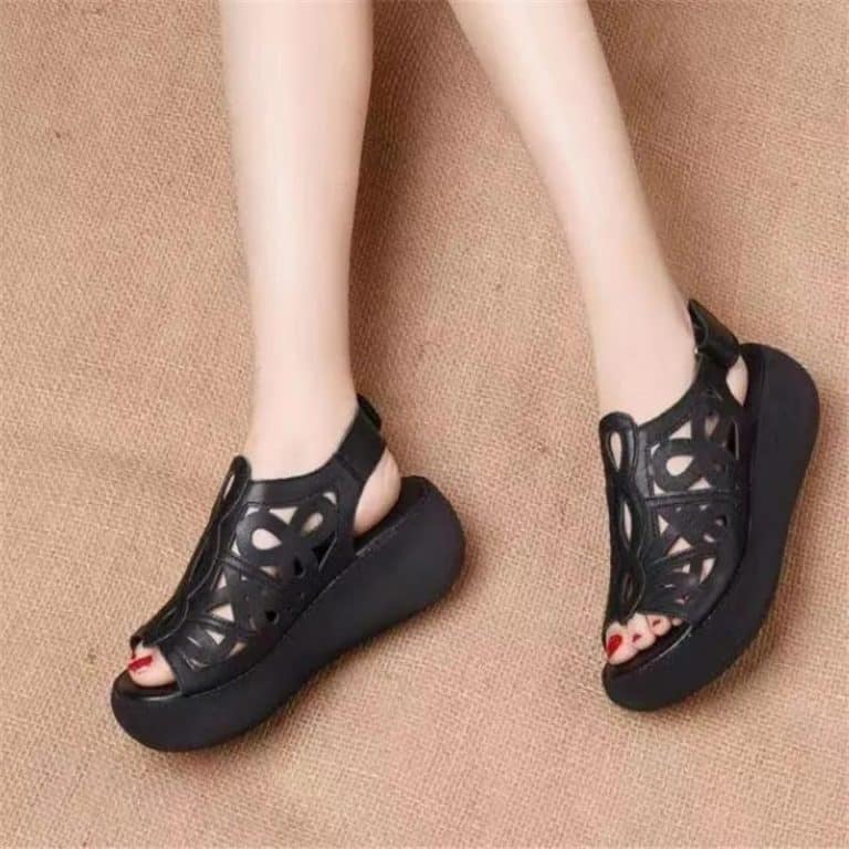 Orthopedic Sandal Shoes for Women in black color with perforated design.