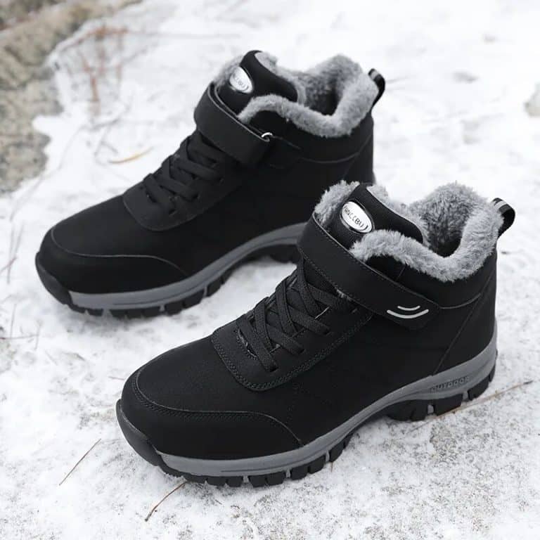 Orthopedic winter shoes for men in black with gray plush interior, black laces.