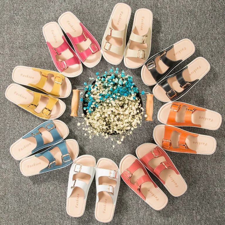 Set of women's open-toe orthopedic sandals, presented in different colors, with double buckle and wavy soles.