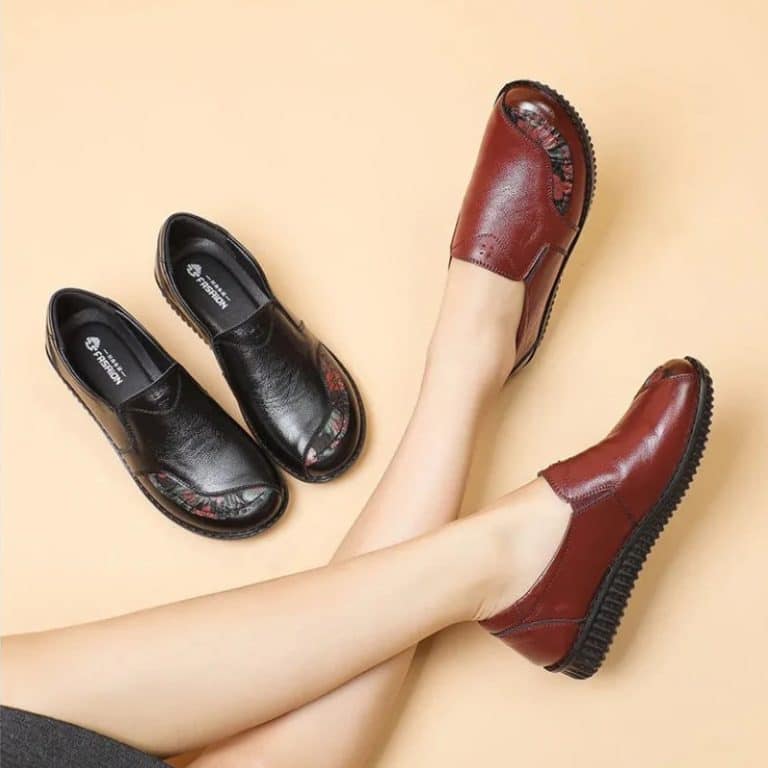 Orthopedic burgundy moccasins for wide feet women, with stitching detail.