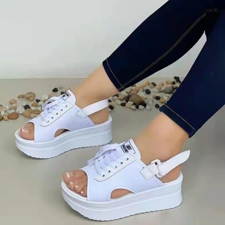 Wide Platform Orthopedic Sandals for Women, in white, with hook and loop closure and thick sole.