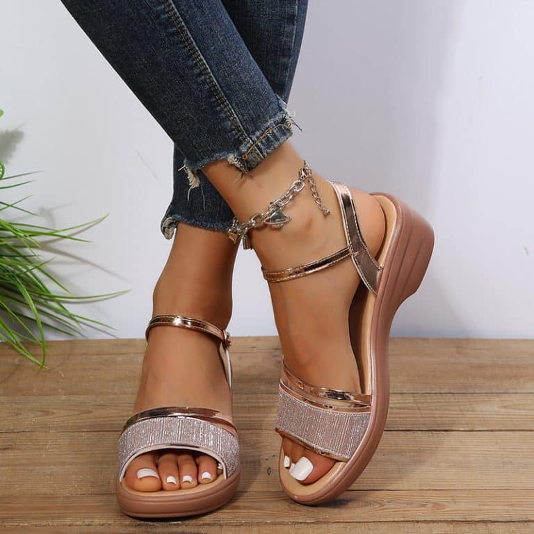 Orthopedic Platform Sandals for Women with Shiny Fabric Crossed Straps and Brown Wedge Sole.