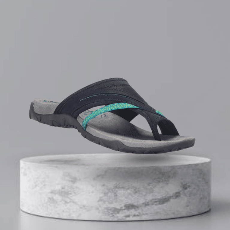 Orthopedic sandals for women, black with blue straps and patterns, ideal for a casual style.