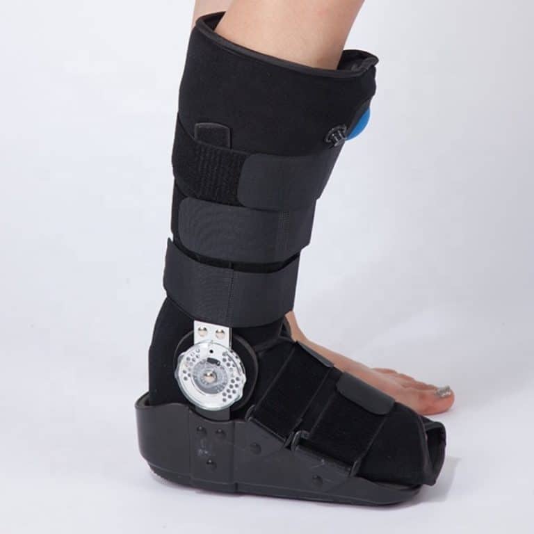 Post-surgery support boot black with inflation device.