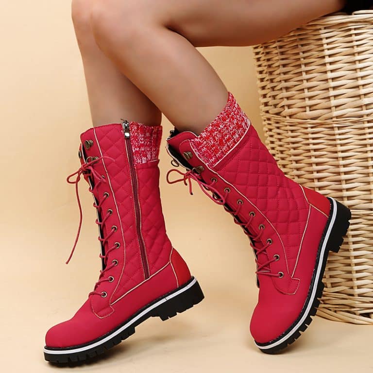 Red orthopedic sole boots for women with red and white knit.