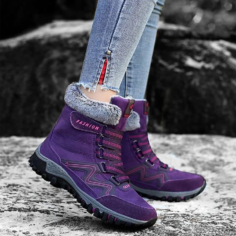 High ankle boots for women in purple with faux fur trim and details