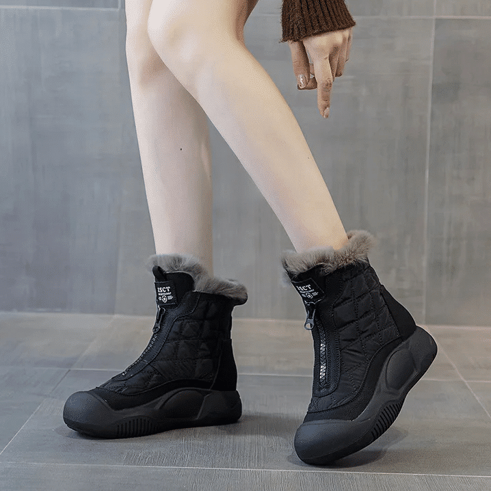 Black ankle boots with fur lining for women, side view, orthopedic.