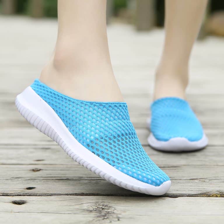 Sky-blue breathable slippers with white sole and laceless design.