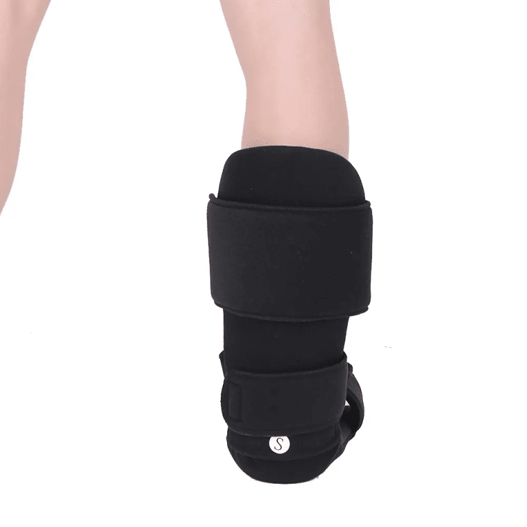 Rear view of a black orthopedic boot with ankle support and straps.
