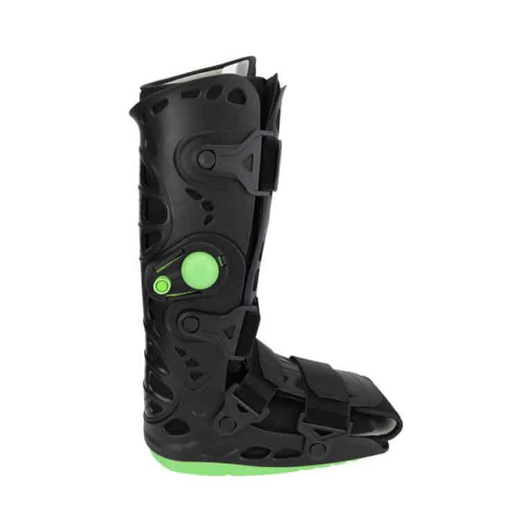 Side view of a black inflatable orthopedic boot with buttons